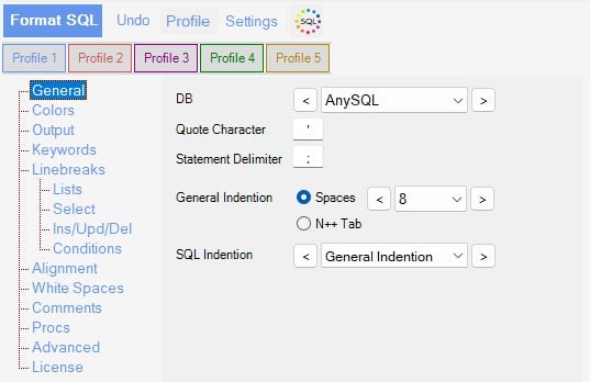 Sql Formatter General Options