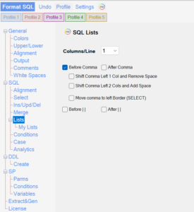 SQL Formatter Options Lists