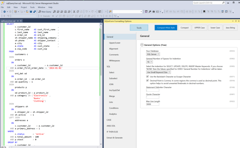 SSMS SQL Formatter Plugin – Free for SSMS 18-22 | 200+ Options